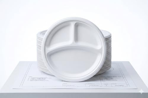 DBStores 10 Inch 3 Compartment, 50 Pack Heavy Duty Sugarcane Bagasse Disposable Plates, Compostable Dinner Plates, Oil & Leak Resistant, Eco Friendly for Parties, BBQ, Catering & Events