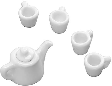 Focket Juego de té para Casa de Muñecas, Juego de té en Miniatura de Porcelana Blanca Pura a Escala 1:12, Material Cerámico con 1 Tetera y 4 Tazas de para Decoración de Casa de Muñecas, de Rol, Regalo