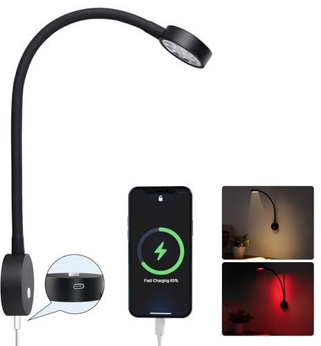 Obeaming Leselampe 12V Wohnmobil Dimmbar 4000K&Rotem Nachtlicht 254lumen, mit USB-C-Ladeanschluss Flexible Schwanenhals Wandlampe LED Spot für Boot Wohnwagen Yacht Innenbeleuchtung, 1 Stück