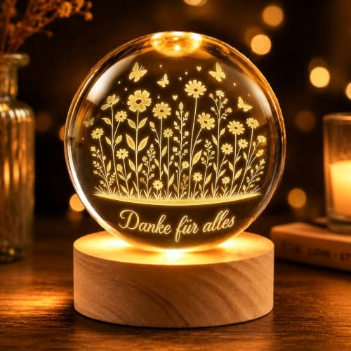 TUZELIYA Glücksbringer, 70mm LED Glaskugel Deko Lampe mit Holzsockel | Danke Kristallkugel Stimmungslicht Deko Wohnzimmer Glücksbringer Geburtstagsgeschenk Geschenke für Frauen Beste Freundin