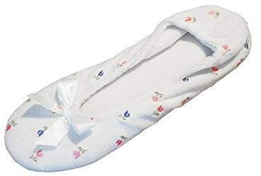 isotoner Women's Embroidered Plush Terry Ballerina Slippers , White Soft Tie Bow, 9.5-10.5