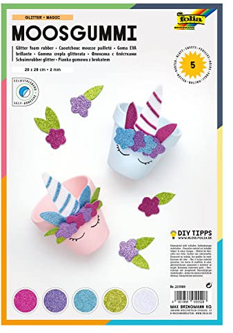 folia 231909 - Glitter Moosgummi, 20 x 29 cm, 5 Blatt in 5 Farben sortiert, einseitig selbstklebend