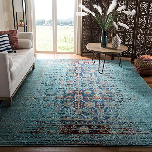 SAFAVIEH Monaco Collection Area Rug - 6'7 Square, Blue & Multi, Boho Abstract Distressed Design, Non-Shedding & Easy Care, Ideal for High Traffic Areas in Living Room, Bedroom (MNC208J)