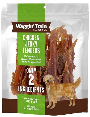 Waggin' Train Chicken Jerky Dog Treats, Made with 100% Real Chicken Breasts, Only Two All-Natural Ingredients, Great High Protein Dog Treat, Easily Digestible for Big or Small Dogs, 18 oz. Pouch