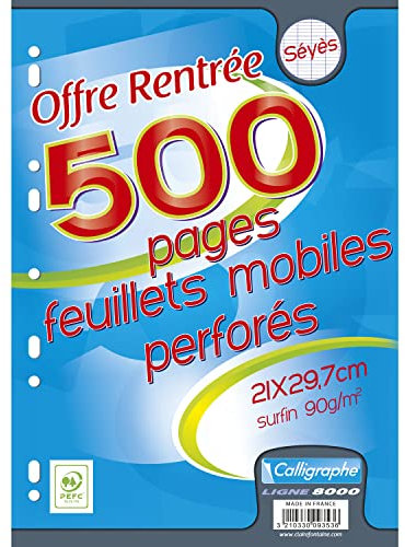 Clairefontaine 9353C - Packung mit 500 Blatt Ringbucheinlage DIN A4 21x29,7 cm, französische Lineatur, 90g, Ideal für Ringbuch 32x26 cm, 1 Pack, Weiß