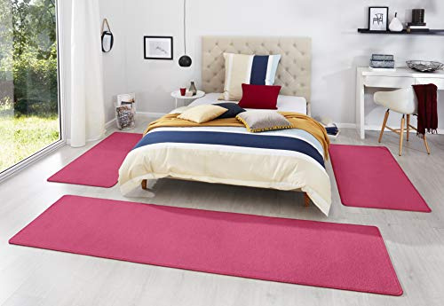 Hanse Home Teppich Bettumrandung Fancy 3-teilig – Bettvorleger Velours Teppichläufer Kurzflor Einfarbig Läufer-Set für Kinderzimmer Schlafzimmer, Pink 2X 67x140 cm 1x 67x250cm