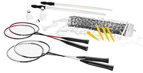 Crivit Badminton Komplett-Set für bis zu 4 Spieler: 4 Schläger, 3 Bälle, Spielnetz, Spannschnüre und Bodenanker