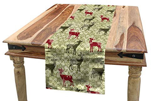 ABAKUHAUS Weihnachten Tischläufer, Damast Snowflake Deer, Esszimmer Küche Rechteckiger Dekorativer Tischläufer, 40 x 225 cm, Dunkelgrün Rot