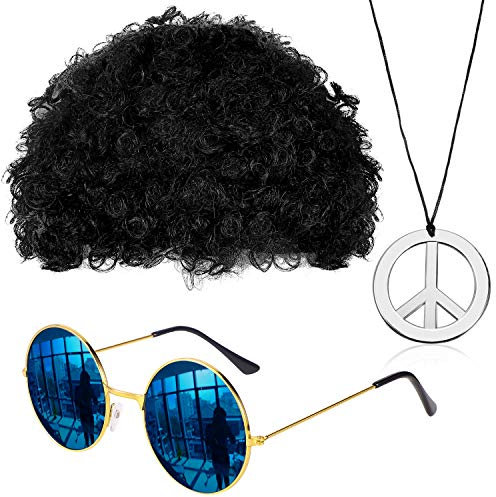 Gejoy Hippie Kostüm Set Mode Afro Perücke Sonnenbrille Frieden Zeichen Halskette für 50/ 60/ 70s Thema Party (Schwarz)