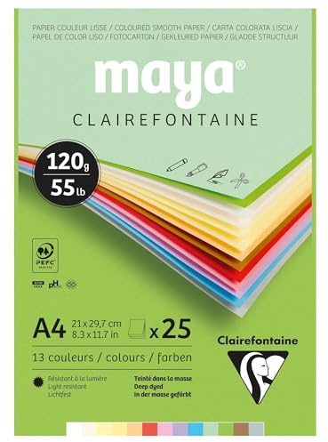 Clairefontaine 975332C - Malblock verleimt mit 25 Blatt Maya Zeichenpapier, glatt 21x29,7 cm 120g, Pastell farbig sortiert (12 Farben + 1 weiß)