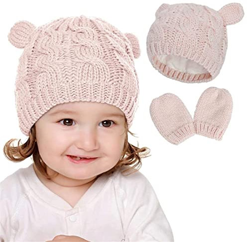 VUCDXOP Neugeborene Baby Beanie Mütze und Kratzfäustlinge Set Weiche Wintermütze Handschuhe Set Gestrickte Warme Mütze Und Fäustlinge Set 0-18M für 0-18 Monate