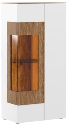Casa Padrino Eckvitrine Weiß/Braun 65,8 x 40 x H. 138,3 cm - Moderner Beleuteter Massivholz Vitrinenschrank - Wohnzimmer Schrank - Wohnzimmer Möbel