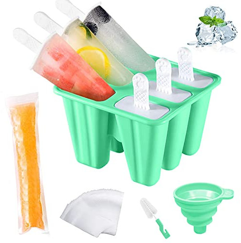 AmzKoi Moldes para Helados, Moldes Helados Silicona Reutilizable sin PBA, Molde Helado para Bebé, Niño y Adultos, Moldes polos con Cepillo de Limpieza y Embudo Plegable (Verde)