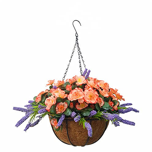 Indoors And Outdoors Champagne Rhododendron Fake Silk Flowers DIY Artificial Flowers Azalea And Purple Lavender Beautiful Chain Hanging Basket With Flower Pot (Big Basket)
