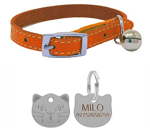 Katzenhalsband aus echtem Leder, mit Sicherheitsgummi und Glöckchen, mit persönlicher Gravur, Orange