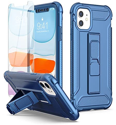 ORETECH Designed for iPhone 11 Case, and [2 x Tempered Glass Screen Protectors] [Built-in Kickstand] Military Grade Shockproof iPhone 11 Case 360 Full Body Protective Silicone TPU Bumper Cover - Blue