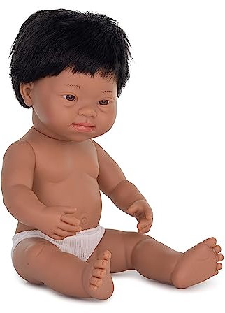 Miniland Dolls: lateinamerikanische Babypuppe Junge, mit Down Syndrom aus weichem Vinyl, 38 cm, in transparenter Tüte. (31237), Natur