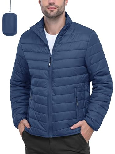 Outdoor Ventures Men's Packable Puffer Jacket Insulated Lightweight Puffy Coat Warm Portable Padded Water Resistant Jacket for Hiking Travelling Camping Navy Blue L