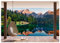 wandmotiv24 Fototapete Ausblick Berge Wald Himmel See Bäume, XL 350 x 245 cm - 7 Teile, Wanddeko, Wandbild, Wandtapete, Holz Pergola Hängesessel Teekanne Tasse M6856
