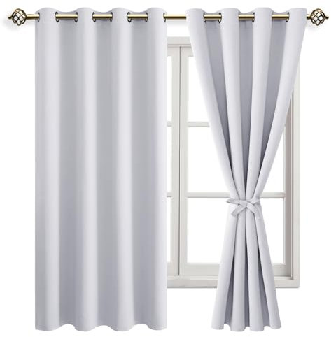 JIUZHEN Blickdicht Vorhänge Kurz Verdunkelungsvorhang mit Vorhang-Krawatten Gardinen Ösenvorhang für Schlafzimmer Wohnzimmer, Grau Weiß, 2 Stück, 137x132cm(HxB)