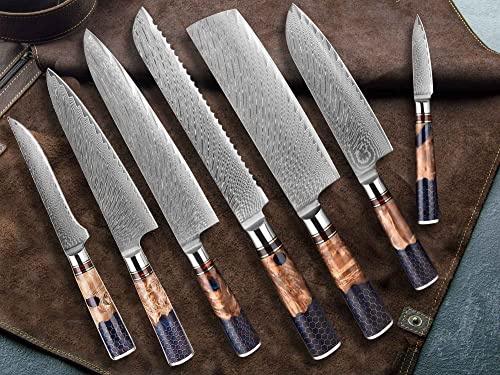 Muxel Damast Küchenmesser Set 7-TLG Extrem scharfe extrem schöne Kochmesser so individuell wie Deine Rezepte und Gerichte Damast VG10 Stahl 67 Lagen (7 Messer)