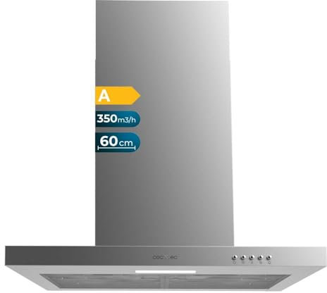Cecotec Dunstabzugshaube 60 cm T-Form Bolero Flux TM 603500 Inox A. Saugleistung 350m3/h, Motor 70W, mechanische Steuerung, 3 Leistungsstufen, Licht und Aktivkohlefilter, Edelstahl