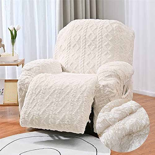 FANSU Housse de Fauteuil Relax Extensible 1 Places, Jacquard Peluche Housse de Fauteuil Relax Inclinable Electrique avec Poche, 4 Pièce Lavable Protege de Meubles pour Canapé (1 Places,Beige)