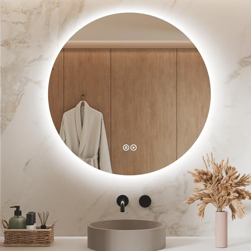 S'AFIELINA Miroir de Salle de Bain avec éclairage Rond, de 80 cm, Miroir LED avec Interrupteur Tactile, Miroir de Salle de Bain Rond avec 3 températures de Couleur (Chaud, Neutre, Froid), réglable