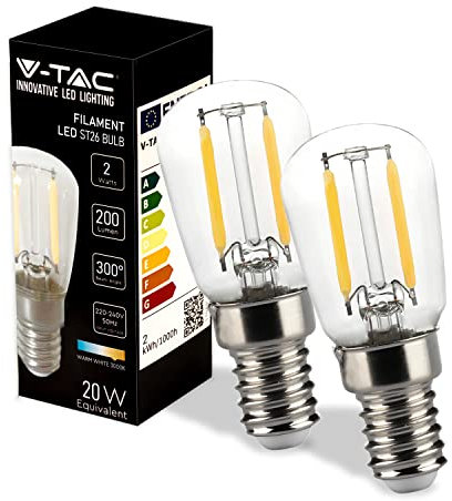 V-TAC 2x Lampadina LED Filamento per Frigorifero e Lampade - Attacco E14-2W - 200 Lumen - Lampadine LED T26 Piccole per Massima Efficienza e Risparmio Energetico - Luce 3000K Bianca Calda