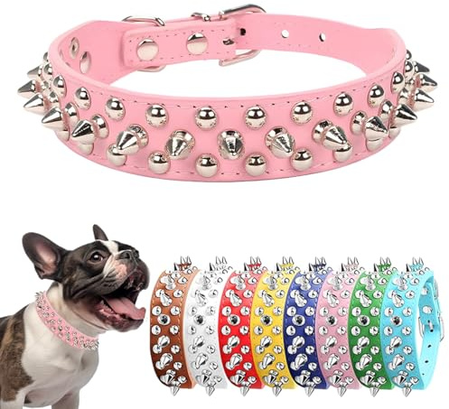 Colliers pour chiens cloutés avec rivets, collier en cuir pour chiot avec pointes ajustables pour chiens de petite, moyenne et grande taille Rose M