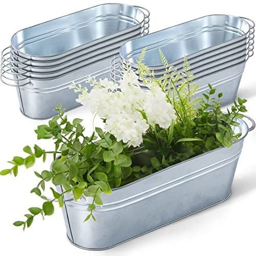 Gejoy 12 Stück verzinkte ovale Pflanzgefäße 29x10x7 cm, verzinkte Eimer mit Griffen, rustikale verzinkte Blumentopf, silberne Metallwanne für Outdoor, Bauernhaus, Veranstaltungen, Dekorationen