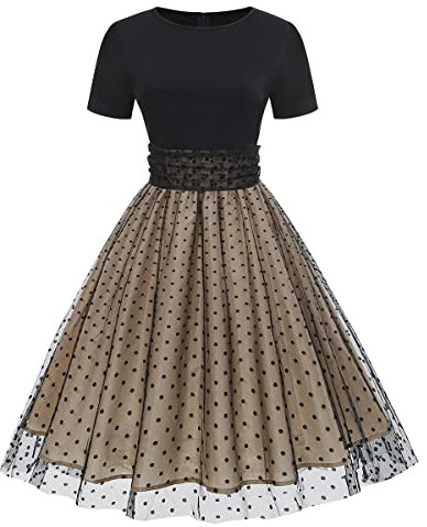Odizli Rockabilly Kleider Damen 50er Jahre Petticoat Kleid Vintage Elegant Retro Kurzarm Mesh Polka Dot Tüllkleid Sommer Swing Coctailkleid Festlich Hochzeit Partykleid Kurz Abendkleid Schwarz XL