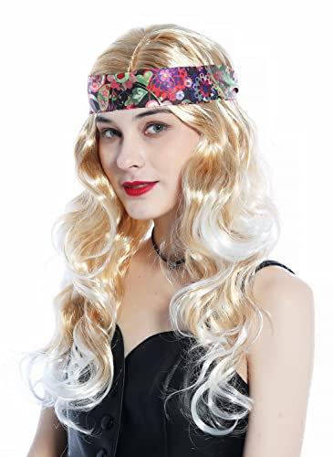 WIG ME UP - CW-029-P27TP60 Perücke Damen Frauen Stirnband Karneval Fasching lang blond platinblond gesträhnt Hippie 70er