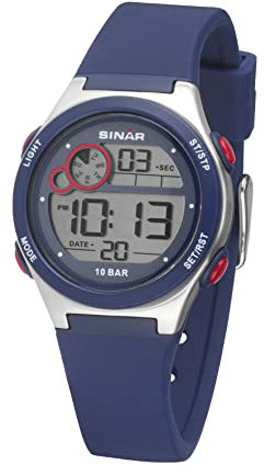 SINAR Jugend Armbanduhr Sportuhr Jungen Digital Quarz 10 bar mit Alarm, EL-Licht und Silikonarmband Blau Rot XF-68-2