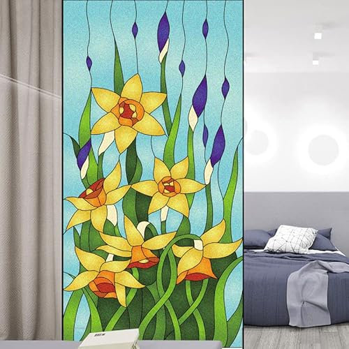 Lumanduo Fensterfolie, statische Haftung, goldene Orchidee, dekoratives Vinyl, nicht klebend, Sichtschutz, Buntglas-Aufkleber für Badezimmer, Glastür, Fenster, Tönung, 80 x 140 cm