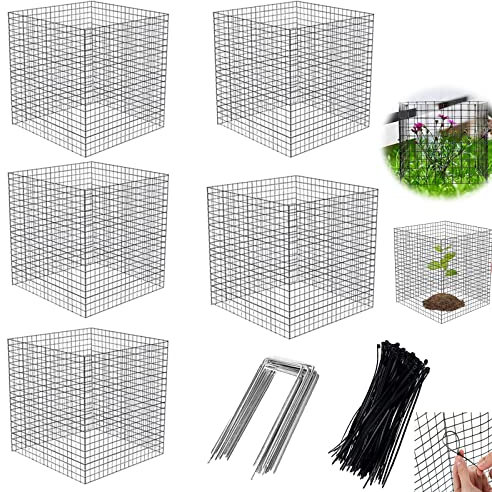 ZAWR 5 Pack Wire Plant Protectors,Nylon tie Plant Protector Square Wire Plant Cages Mesh Plant Cage Chicken Wire Cloche with 20 Ground Stakes 100 Nylon Ties Protect Plants for Plants, Vegetables