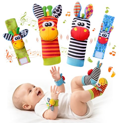 Ensemble de chaussettes hochets de poignet pour bébé, chaussettes hochets et mains de bébé, jouets sensoriels doux pour nouveau-né, hochets de poignet pour bébés de 0 à 6 mois, cadeaux pour bébé de 6