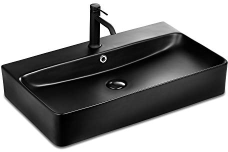 STILFORM Berlin Waschbecken aus feinster Keramik in Schwarz für Wandmontage oder als Aufsatzwaschbecken in 70x42 cm mit Hahnloch modern und elegant