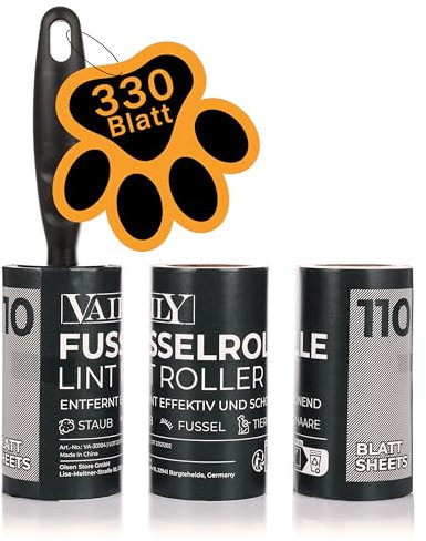 Vaily Levapelucchi con 2 rotoli adesivi di ricambio per peli di animali, di cani, di gatto e polvere su vestiti e mobili, 110 fogli da 18 x 10 cm per rotolo
