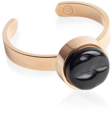 Roségold Ring mit Stein in schwarz • Offener Edelstahlring • 18k vergoldeter Edelstahl & recyceltes Glas • nachhaltiger Halbedelstein-Look • größenverstellbar (min. Ø 16 mm)