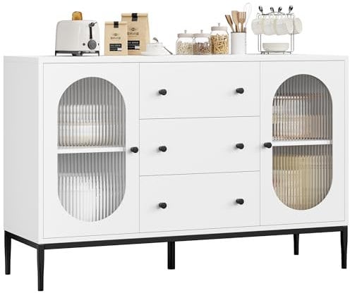 FirFurd 120cm Aparador Cocina con 2 Puertas de Cristal y 3 cajones, Armario Despensa Cocina, Muebles Bar para Salón, Mueble Aparador Comedor, Blanco y Negro