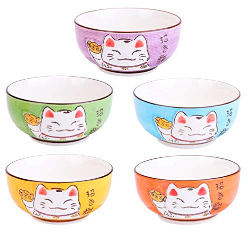 DIXII 5 pièces Bols en céramique Bol de Riz Japonais Bols de céréales en Porcelaine Maneki Neko Bol de Chat Porte-Bonheur Micro-Ondes Passe au Lave-Vaisselle