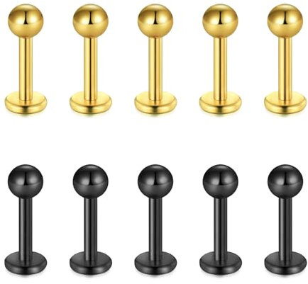 Briana Williams 10er Edelstahl Lippenpiercing Gold Schwarz 6mm Stecker mit Kugel Ohr Tragus Labret Helix Piercing Schmuck