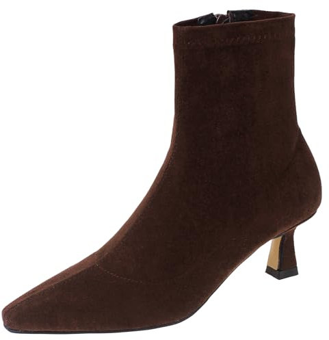 CHICMARK Stivaletti casual da donna in pelle scamosciata sintetica con pizzo quadrato e tacchi Kitten per l'inverno, marrone, 35 EU