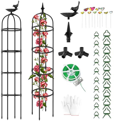 PLANTOP Rankgitter für den Garten, Obelisk, für Kletterpflanzen, 2 m – 198,1 cm, rostfreie PE-beschichtete Metall-Pflanzkäfige und Stützen, robustes, rundes Garten-Rankgitter für Blumen, Töpfe,