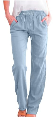 LRMQS Lässige Leinenhose für Damen, Frühling 2024, Kordelzug, elastische Taille, Hose mit Taschen, Loungemode, Urlaubskleidung, Z1_hellblau, S