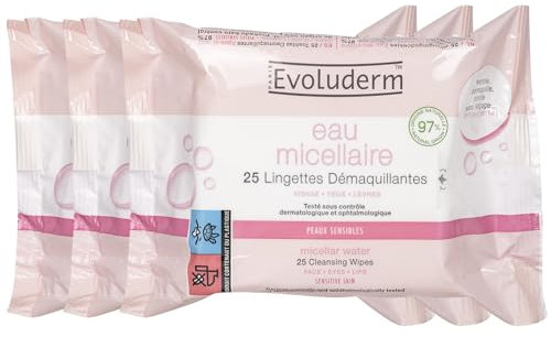 EVOLUDERM - Lingettes Démaquillantes Eau Micellaire - 25 pièces - 97% d'Origine Naturelle - Végan - Lot de 3 x 25 pièces
