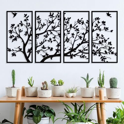 Décoration murale arbre de vie en métal à 4 panneaux pour cadeau de jardin, maison, chambre à coucher, salon (60 x 30 cm)