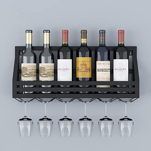 Casier à Vin, Casier à vin fixé au mur avec porte-verres, porte-bouteille de vin suspendu, présentoir de stockage de vin, supports flottants pour bar de cuisine, cave à vin, noir/80 * 13 * 25Cm