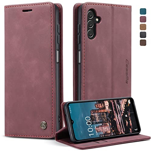 owlhold Handyhülle für Samsung Galaxy A14 4G/5G Hülle, Premium Lederhülle Weiches Vintage-Nubukleder Faltbare Ständer Klapphülle Kartenfach Standfunktion stoßfest Schutzhülle -Weinrot